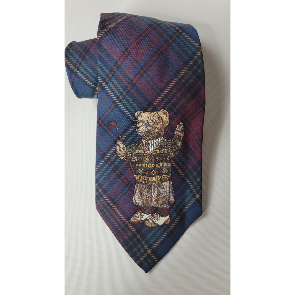 Vtg Polo Ralph Lauren Silk Tie Blue Burgundy Plaid Golfing Polo Bear Made in USA